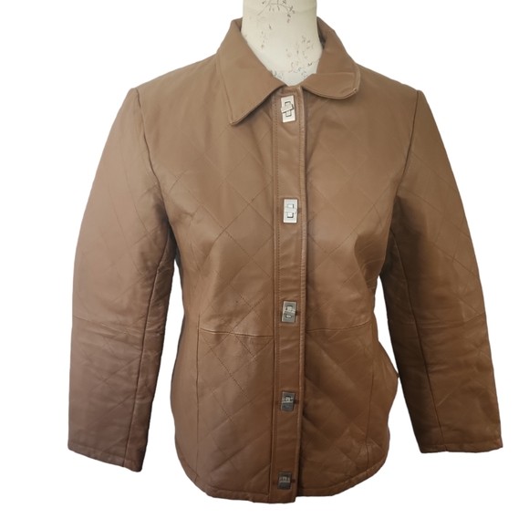 Dialogue 100% Leather Latch & Twist Quilted Brown Jacket Women's XS - Picture 1 of 8